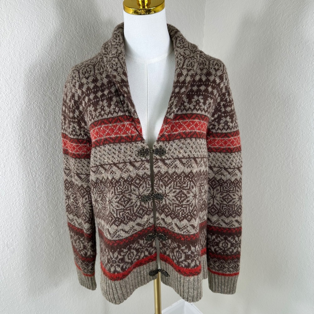 VTG Susan Bristol Cardigan Women M Brown Fair Isle Wool Sweater‎ Shawl Collar
